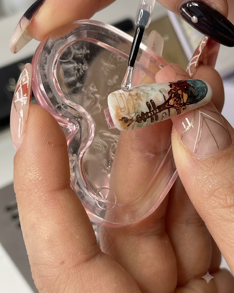 Tampon transparent pressant une figure détaillée sur la surface préparée de longle du majeur.
