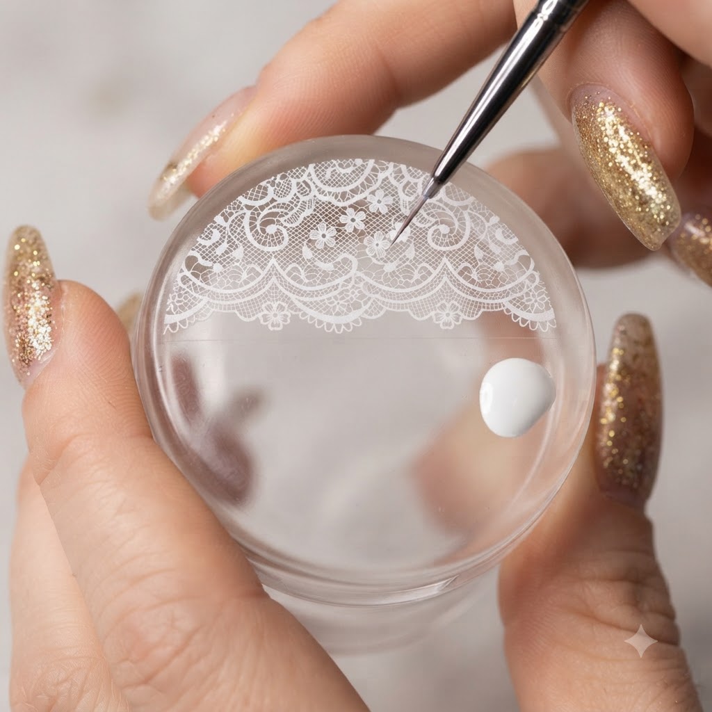 Pinceau de détail remplissant la couleur de la peau dun motif de figure sur un tampon en silicone transparent.