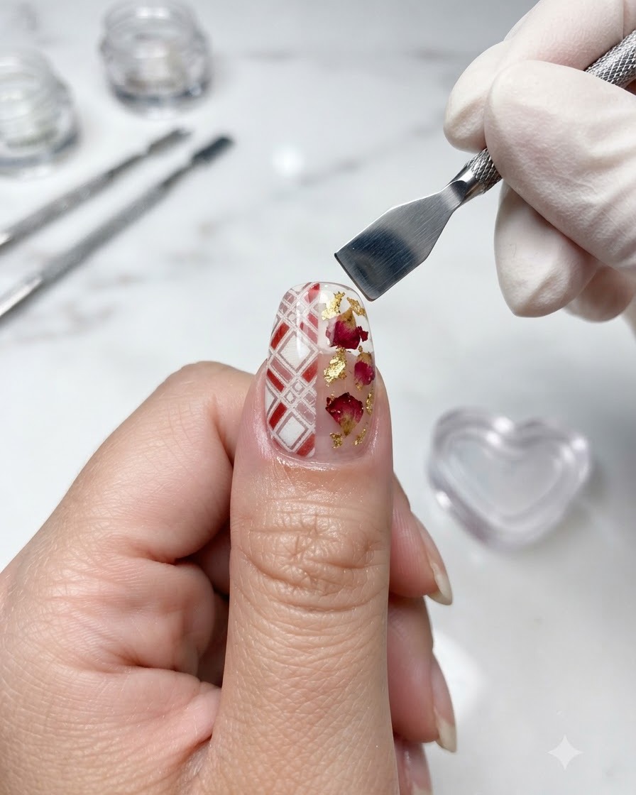 Pinceau appliquant un top coat brillant sur un ongle décoré et fini.