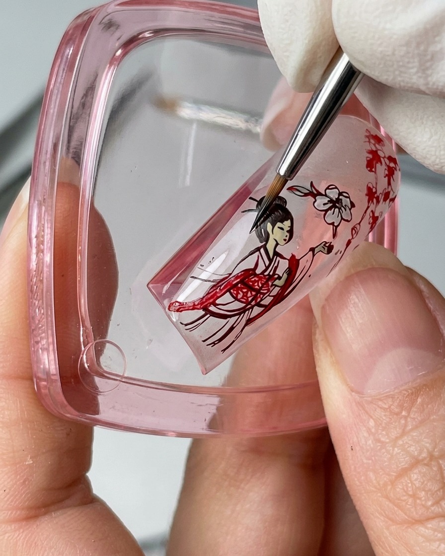 Un pinceau fin remplissant les rubans de vêtement tourbillonnants avec du liquide blooming rouge sur une capsule de nail art.