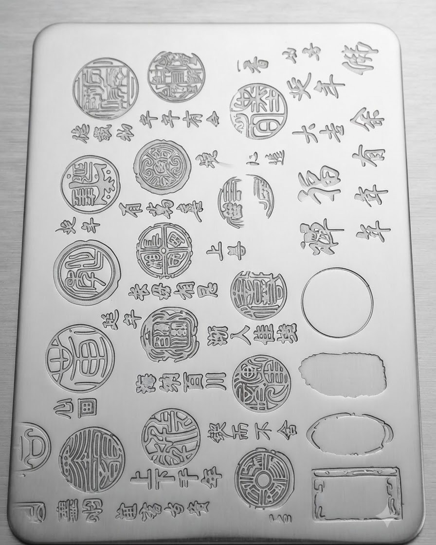 Une plaque destampage métallique gravée de divers sceaux de calligraphie chinoise traditionnelle et de motifs de texte.