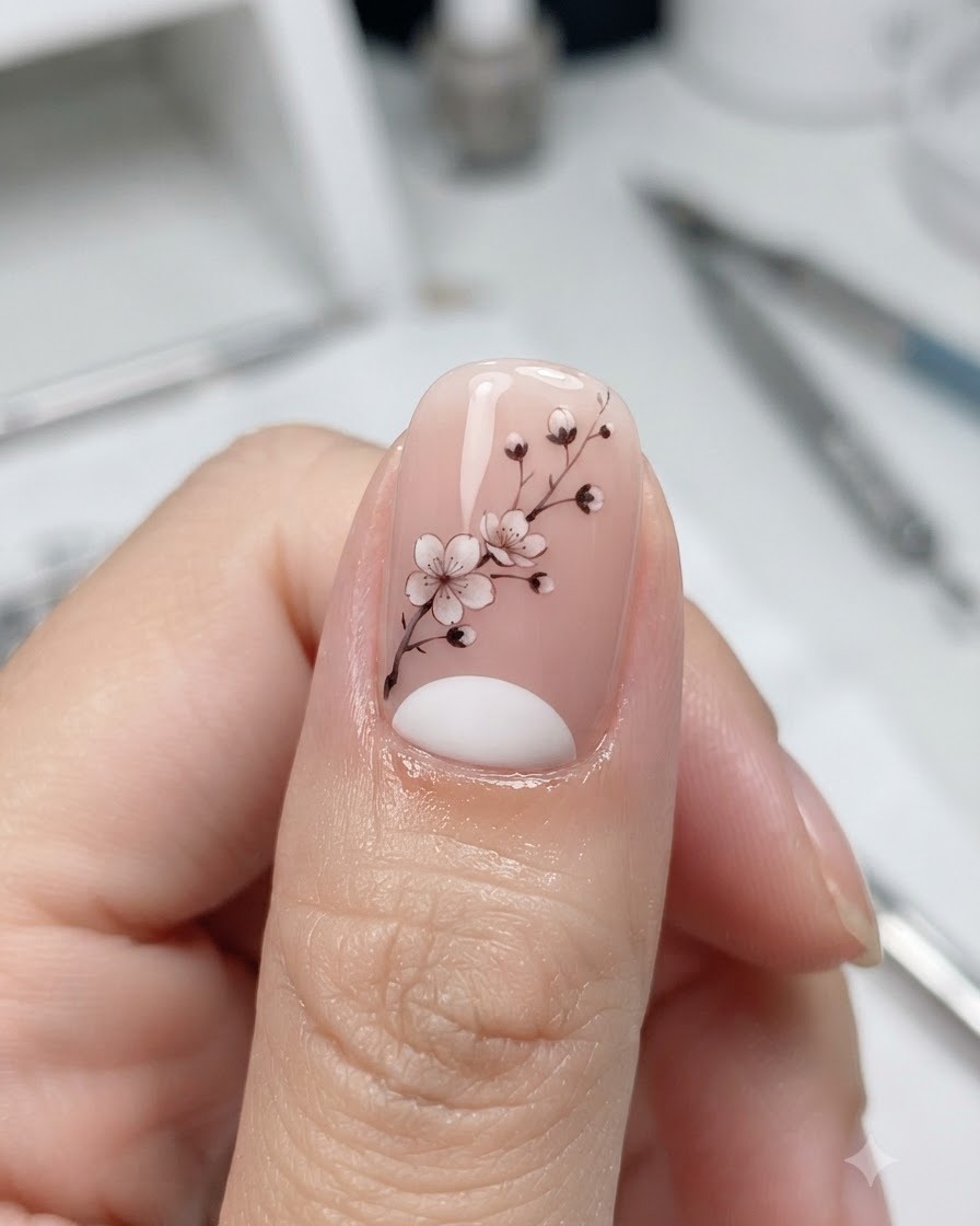 Un ongle de pouce montrant un design de branche florale détaillé scellé avec un top coat mat lisse.