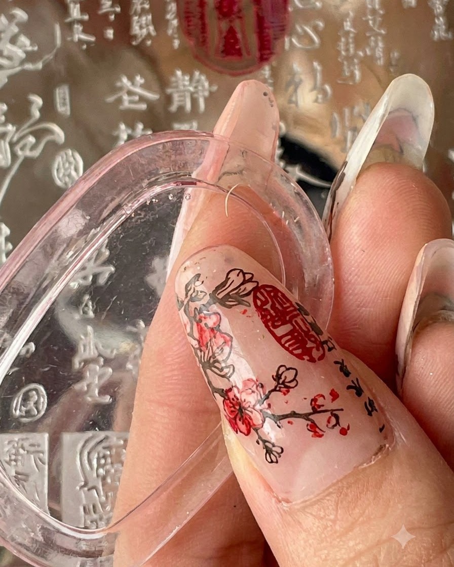 Une main tenant un tampon sur une plaque de fond texturée avec des motifs décriture.