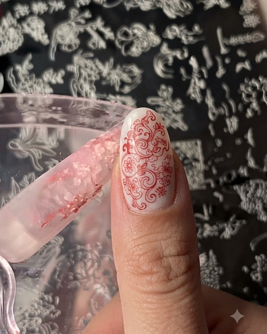 Un ongle de pouce montrant un design destampage floral vintage rouge complexe complété.