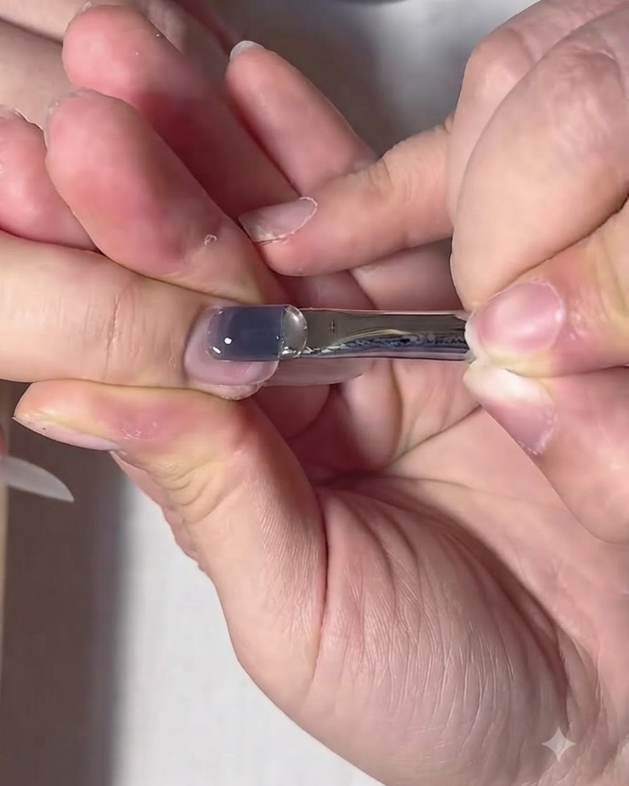 Un pinceau plat étirant et faisant flotter légèrement le gel de construction transparent sur longle pour former un apex.
