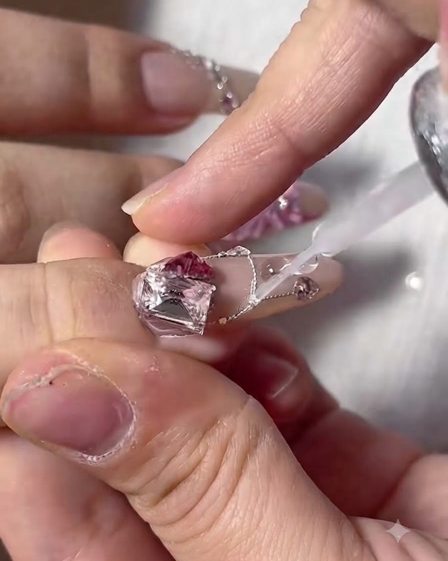 Un pinceau à ongle fin appliquant du gel de finition transparent autour dun grand charm cube de glace rectangulaire et dune chaîne délicate sur un ongle.