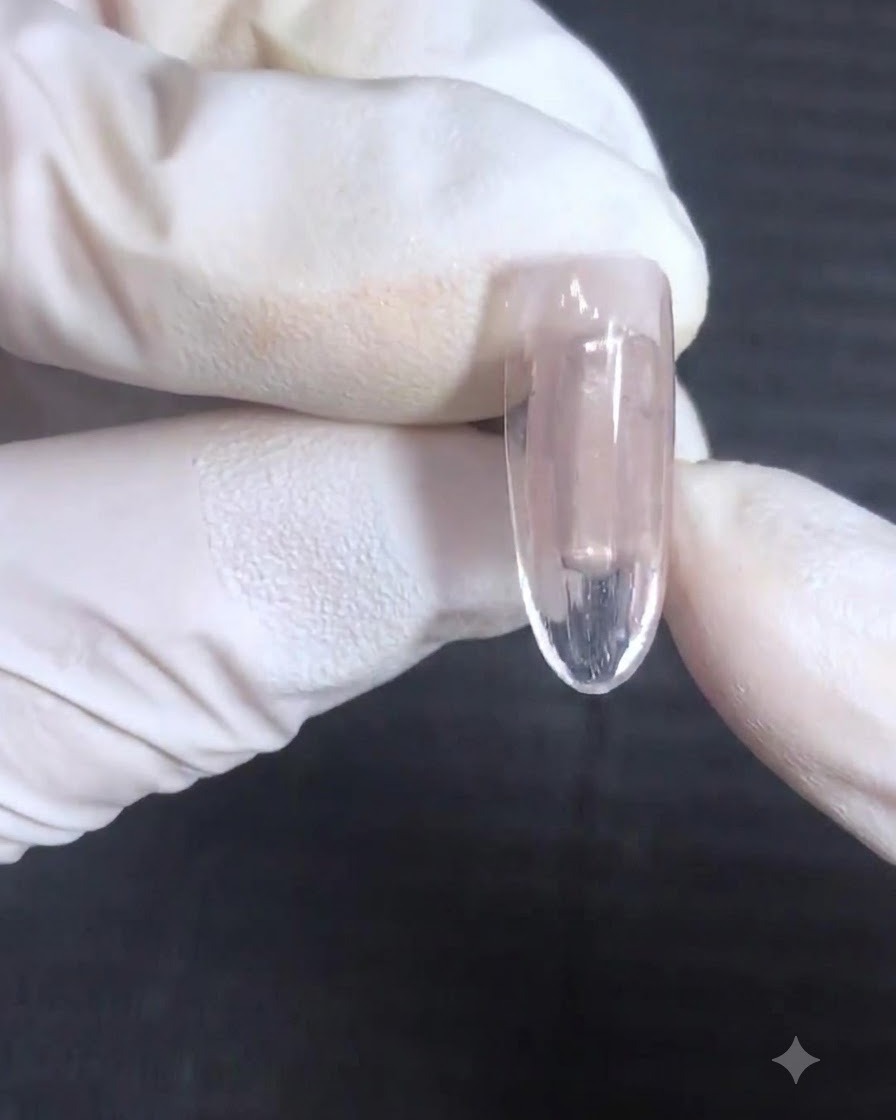 Une main gantée tenant une capsule dongle transparente avec une couche fraîche et brillante de gel de base rose nude au centre.