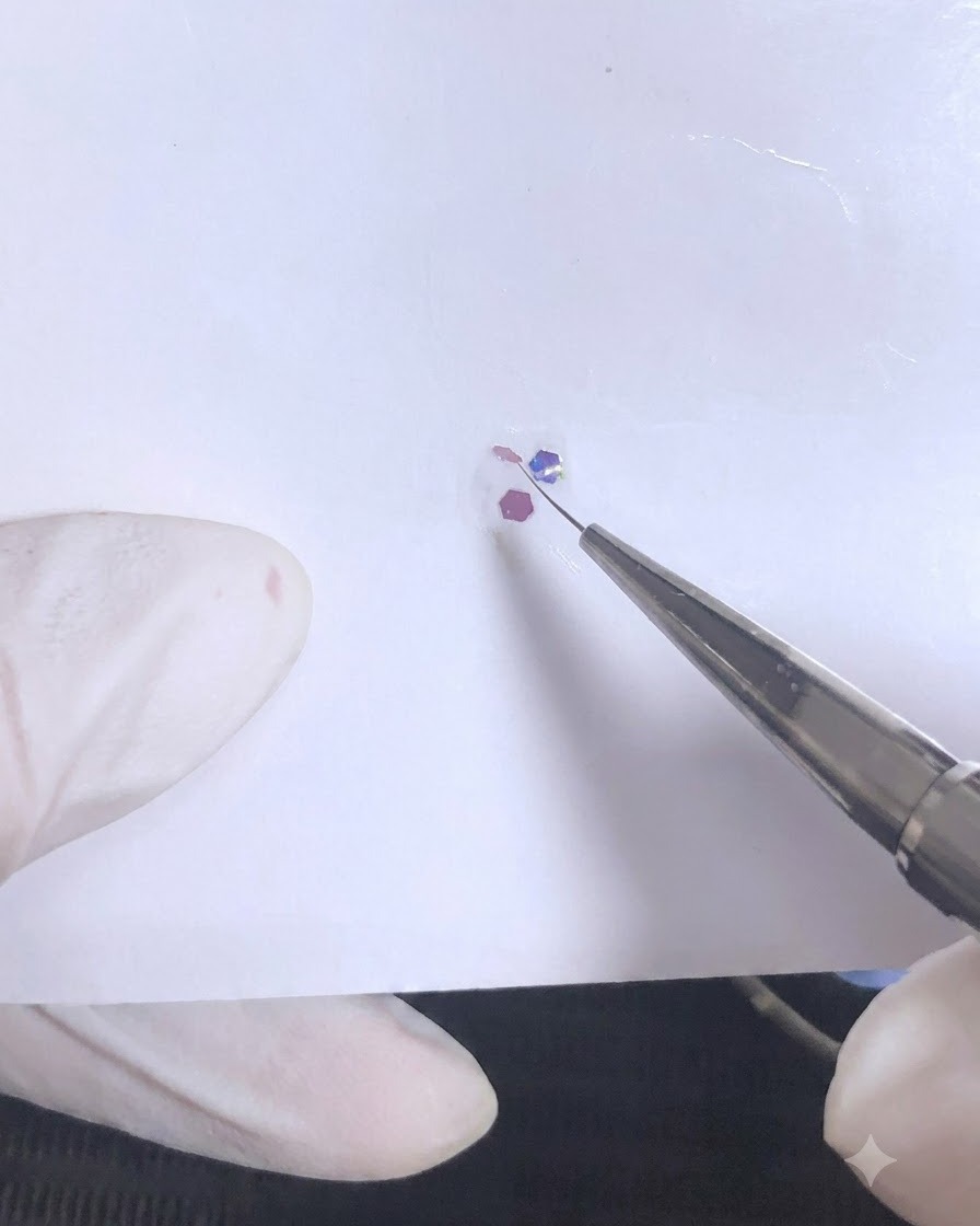 Un petit outil métallique ramassant des sequins hexagonaux roses et violets mélangés sur une palette de mélange.