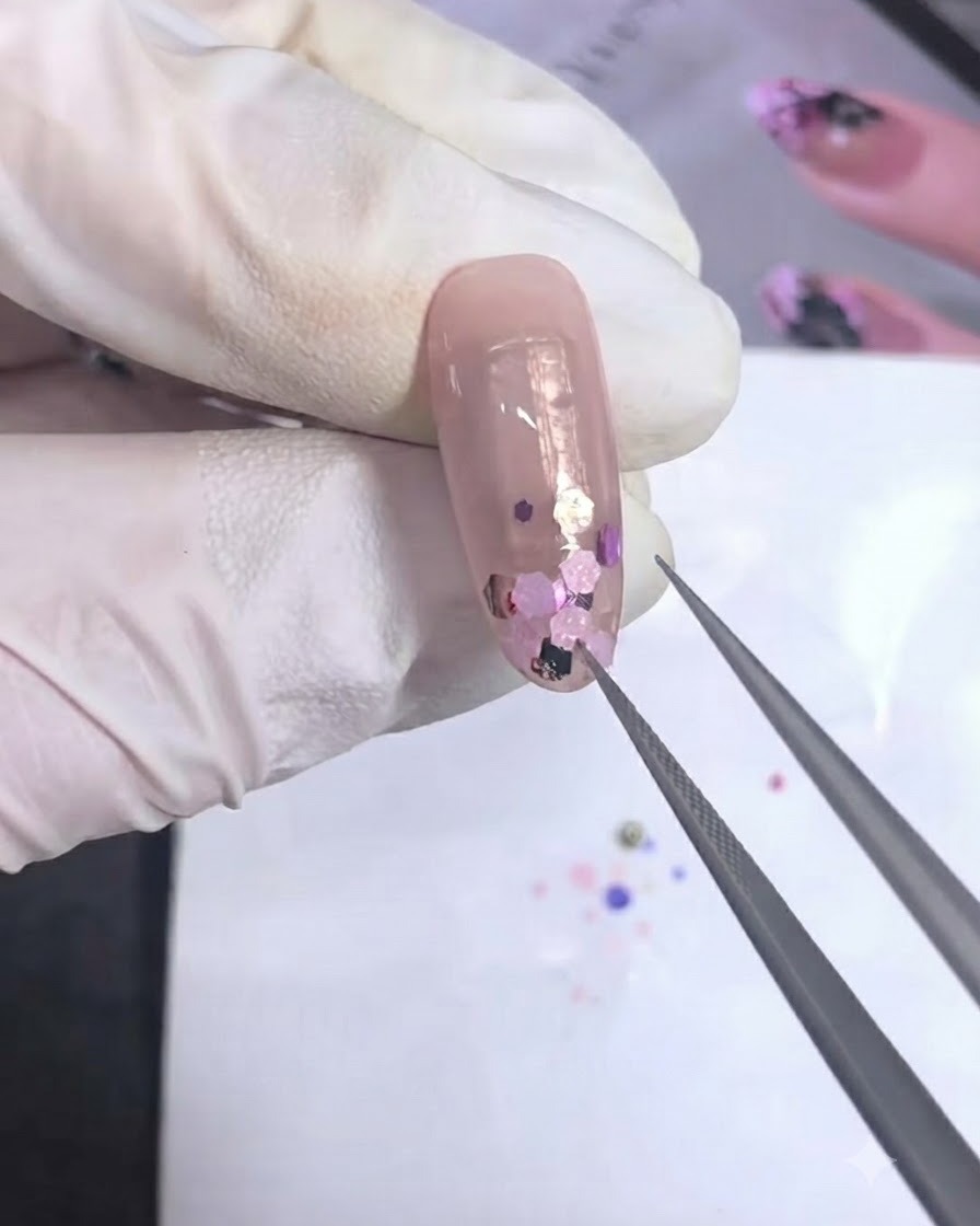 Un technicien utilisant des outils de précision pour ajuster lagencement de sequins roses et violets sur un ongle en gel nude.