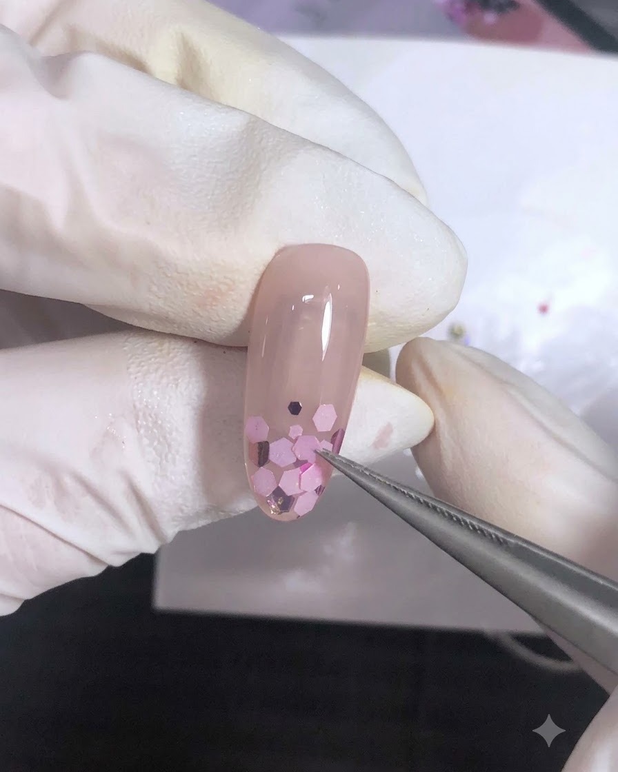Gros plan de pinces posant des sequins hexagonaux roses sur la surface dun ongle manucuré comportant déjà des couches de sequins.