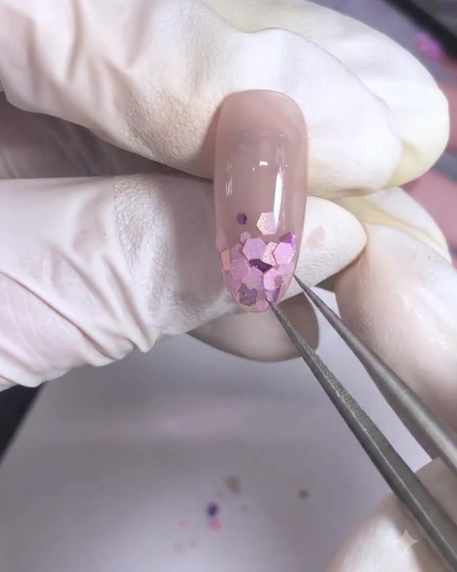 Gros plan dun ongle manucuré arborant trois couches de sequins roses sous une lampe de catalysation.