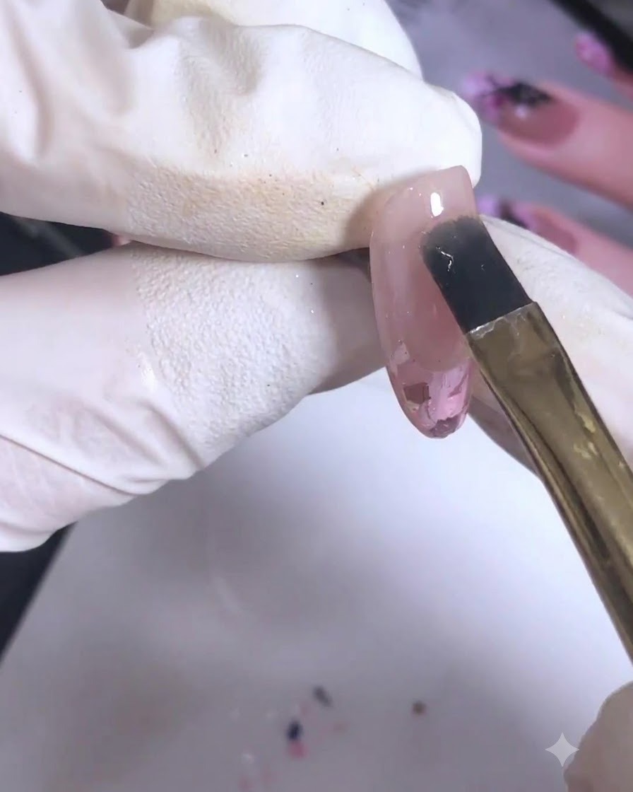 Gros plan dun pinceau à gel appliquant du gel de construction transparent sur un ongle rose nude avec des sequins roses et violets encapsulés.