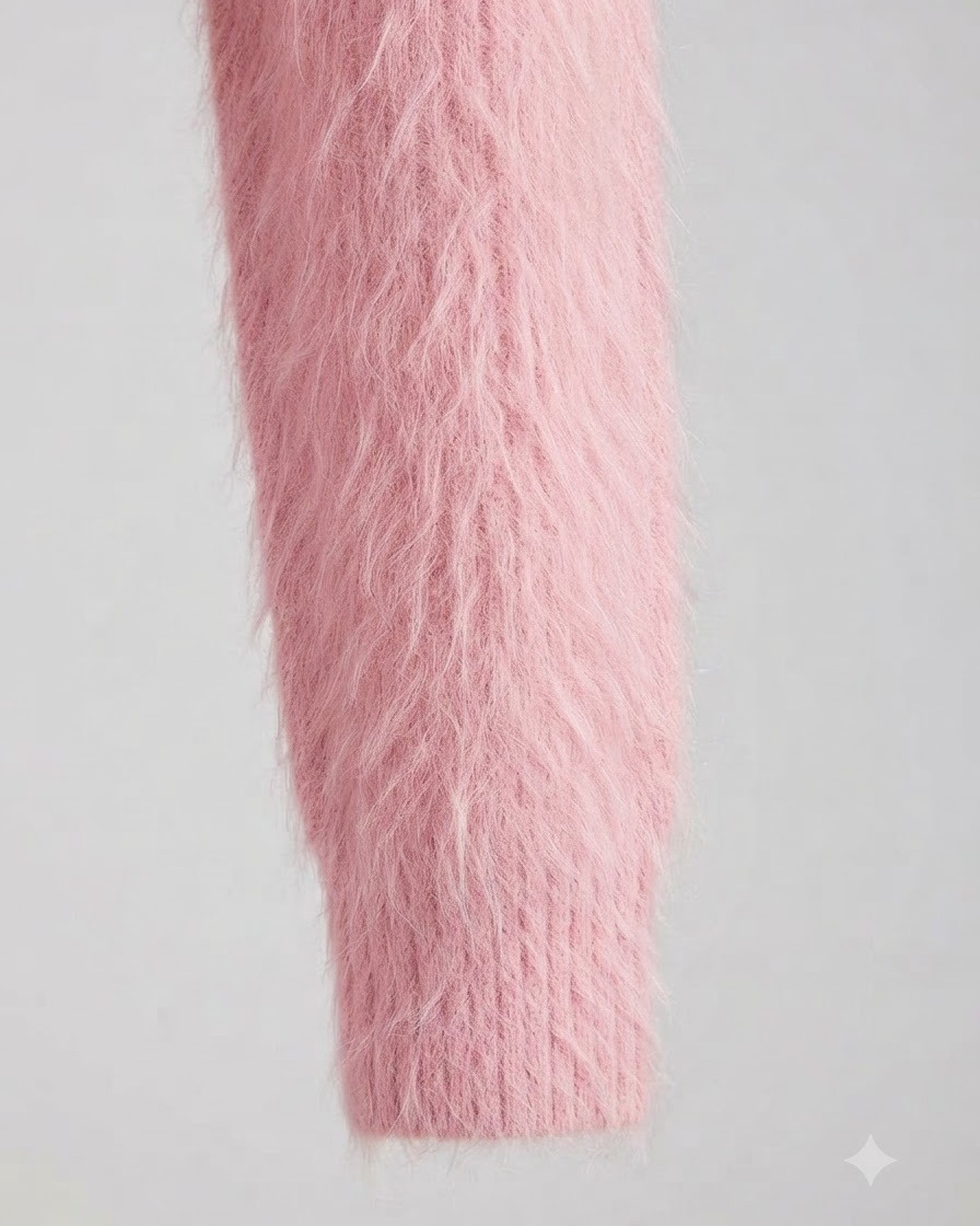 Gros plan sur une manche de pull en tricot cachemire rose poudré sur fond neutre.