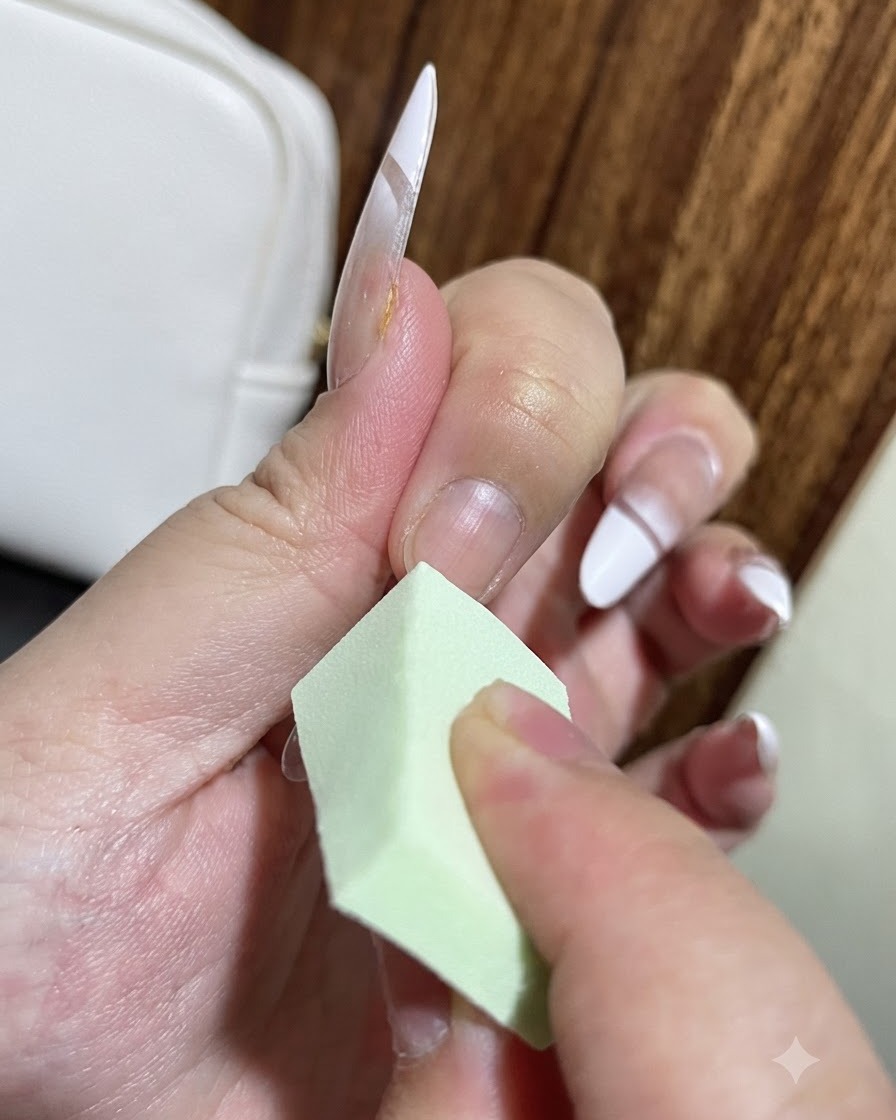 Une main utilisant une petite éponge à maquillage verte pour tapoter et dégrader doucement une ligne de gel blanc sur un ongle.