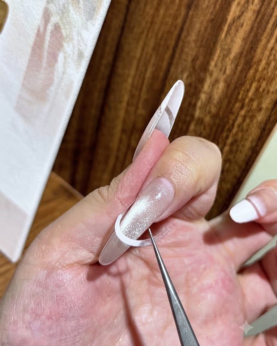 Des pinces tenant et plaçant un autocollant guide blanc pour French manucure au centre dun ongle recouvert de gel cat eye.