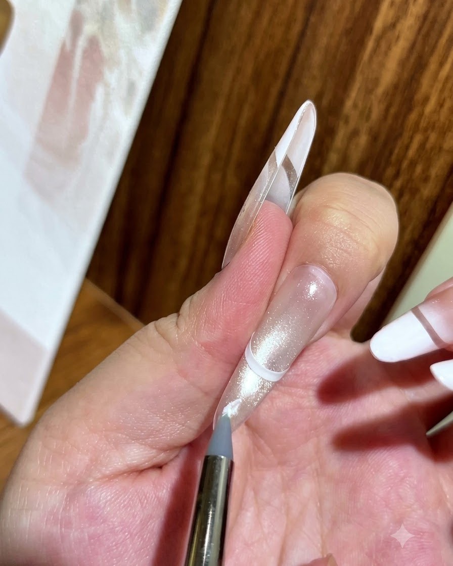 Un pinceau fin de détail appliquant du vernis gel blanc sur le bout dun ongle au-dessus dun autocollant guide pour French.