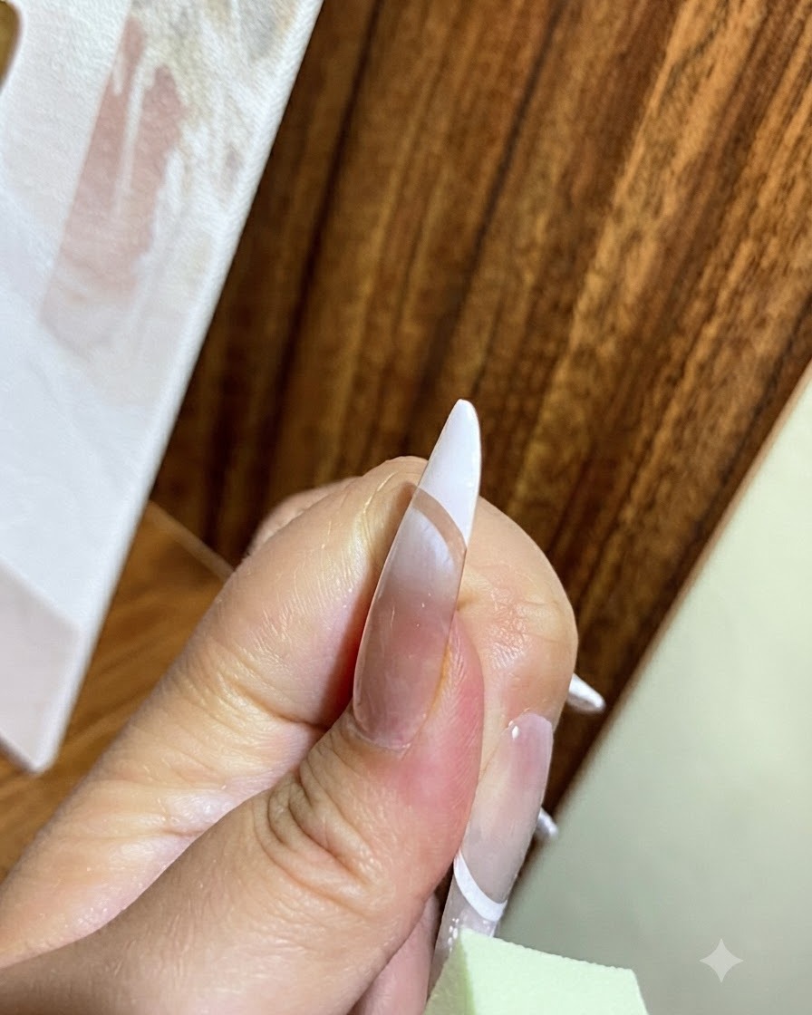 Une éponge biseautée verte tapotant et fondant doucement le vernis gel blanc vers le haut en direction dun autocollant guide pour French.