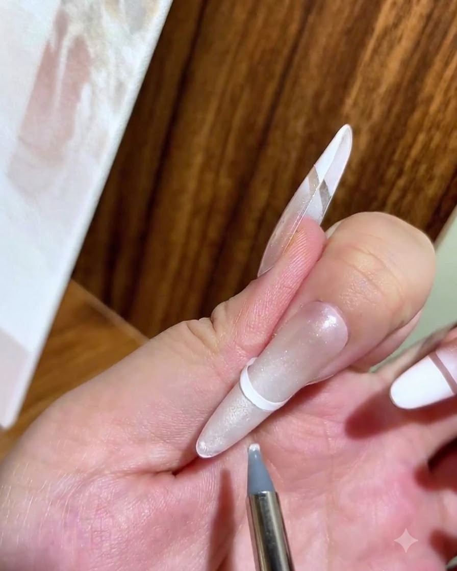 Un pinceau fin de détail appliquant une deuxième couche de vernis gel blanc directement sur le bout de longle.