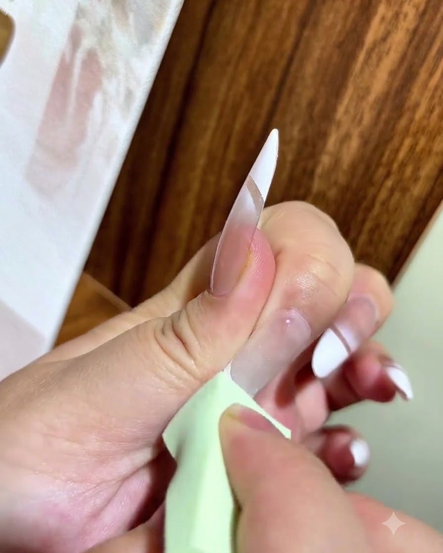 Une éponge biseautée verte tapotant sur la deuxième couche de gel blanc pour lintégrer au dégradé.