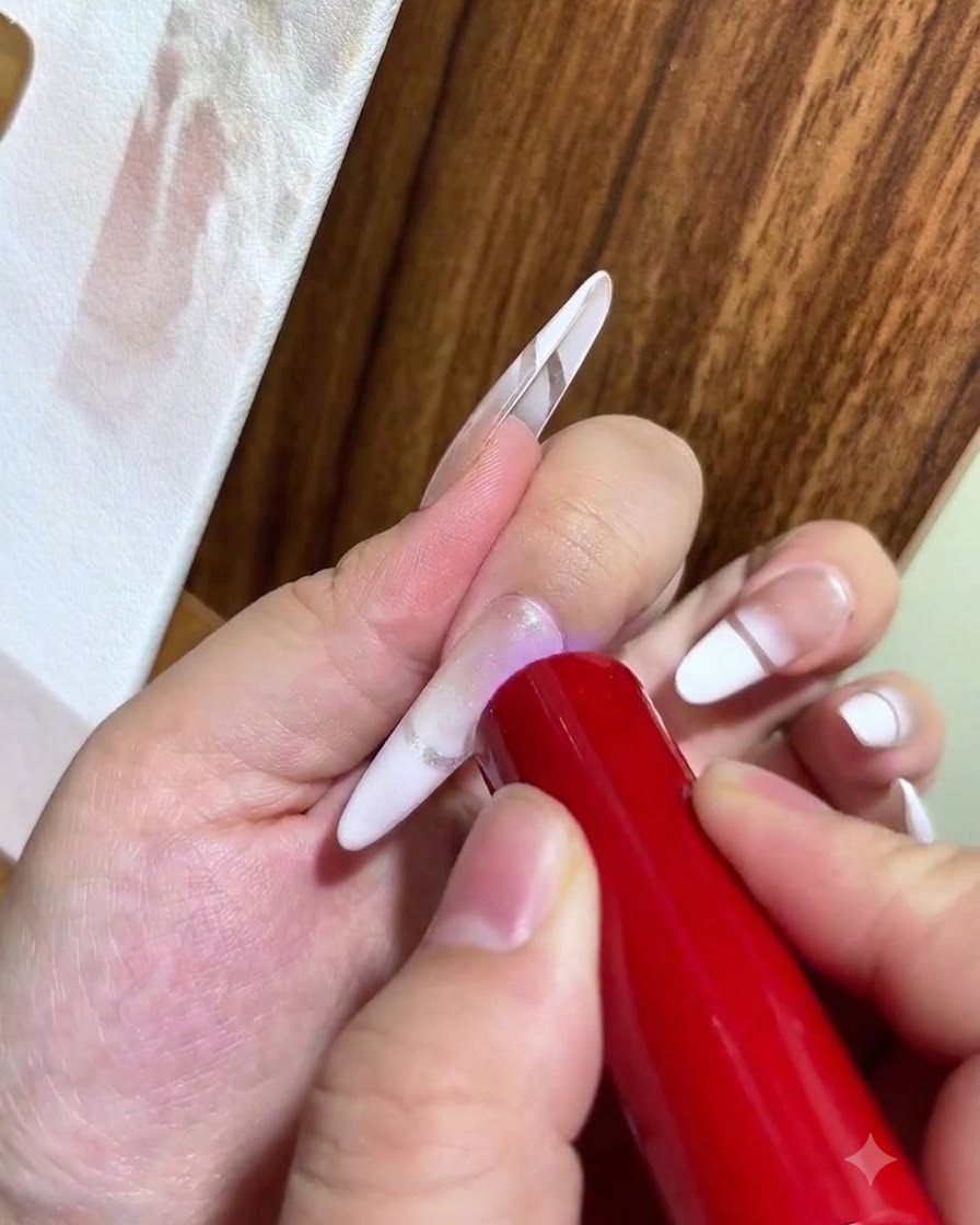 Un ongle positionné sous une mini lampe UV/LED portable pendant le processus final de catalysation.