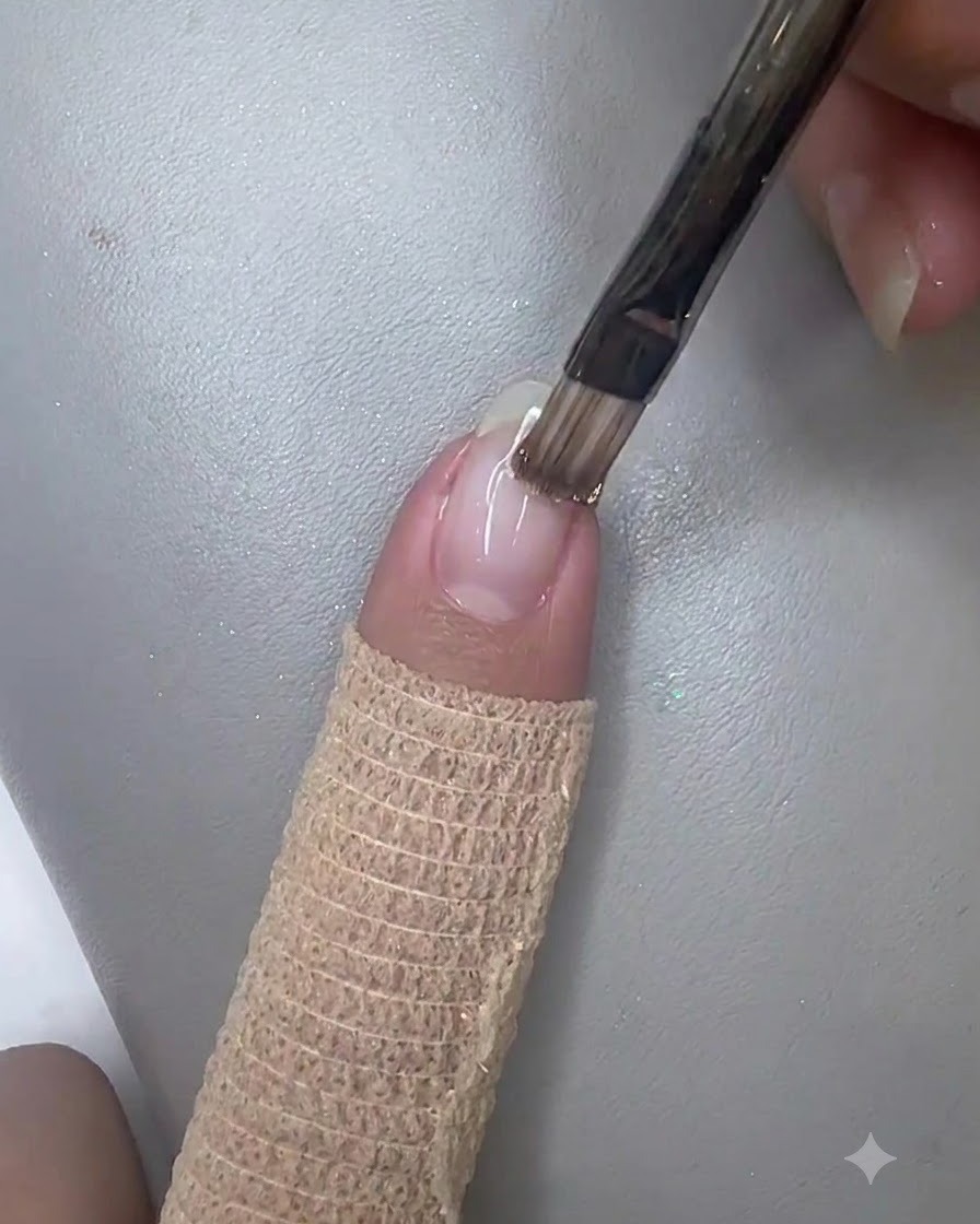 Un pinceau carré déposant du gel pailleté champagne sur la base dun ongle naturel préparé.