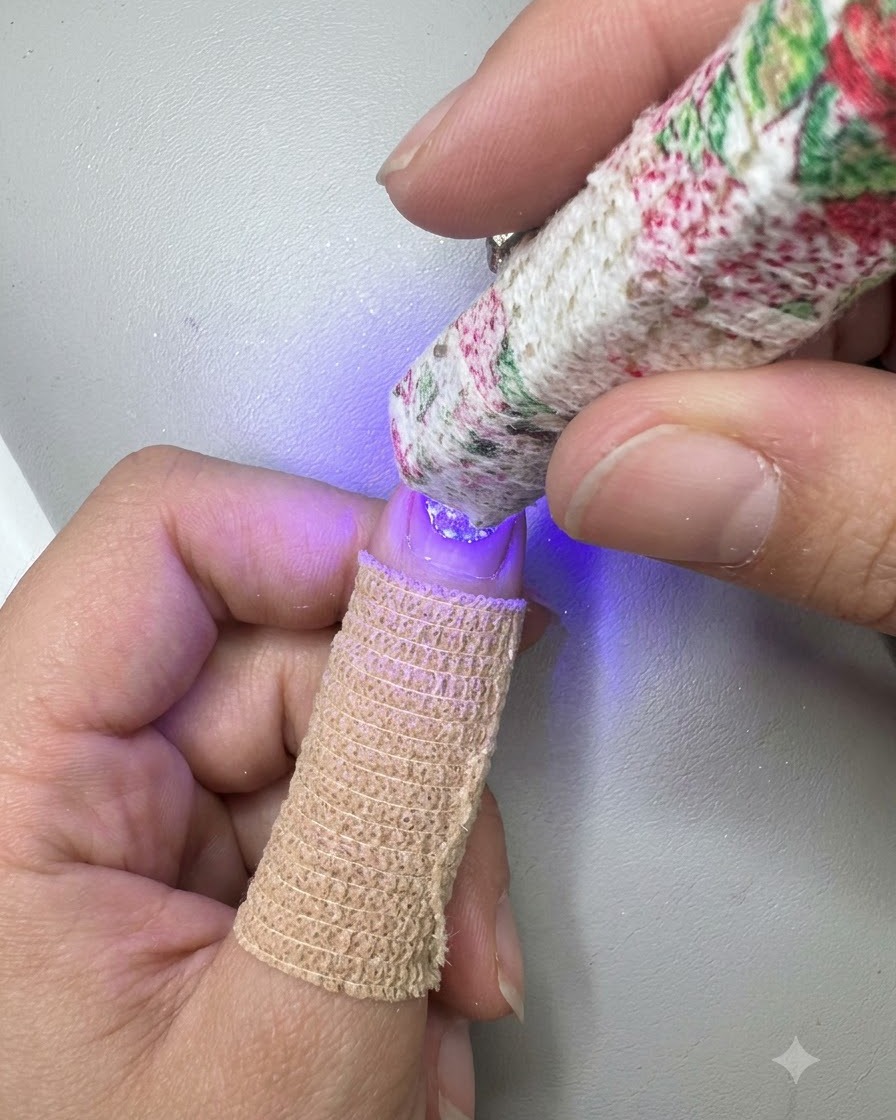 Une lampe UV LED portable diffusant une lumière violette tenue près dun seul ongle.