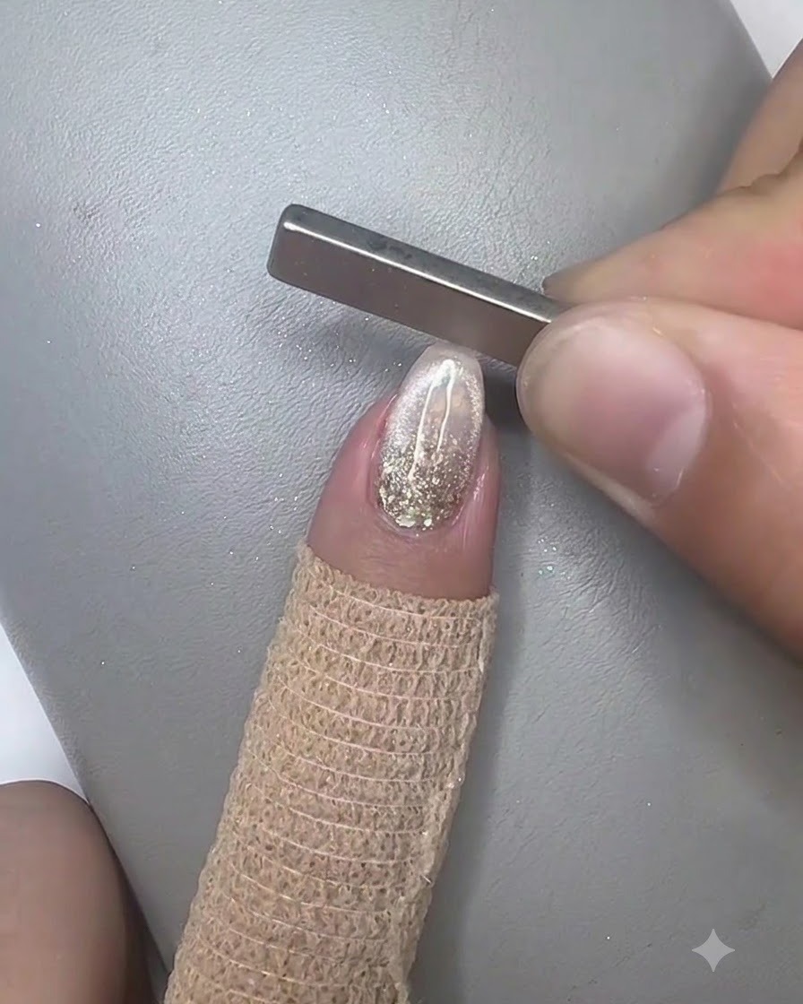 Un petit aimant rectangulaire tenu juste au-dessus dun ongle avec dégradé et paillettes pour façonner le reflet cat eye.