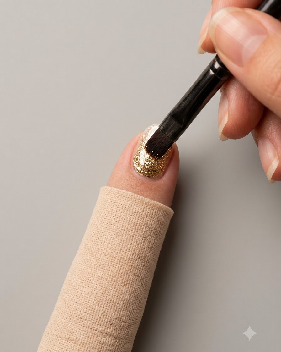 Un pinceau fin appliquant une couche de finition transparente et brillante sur un ongle décoré terminé.