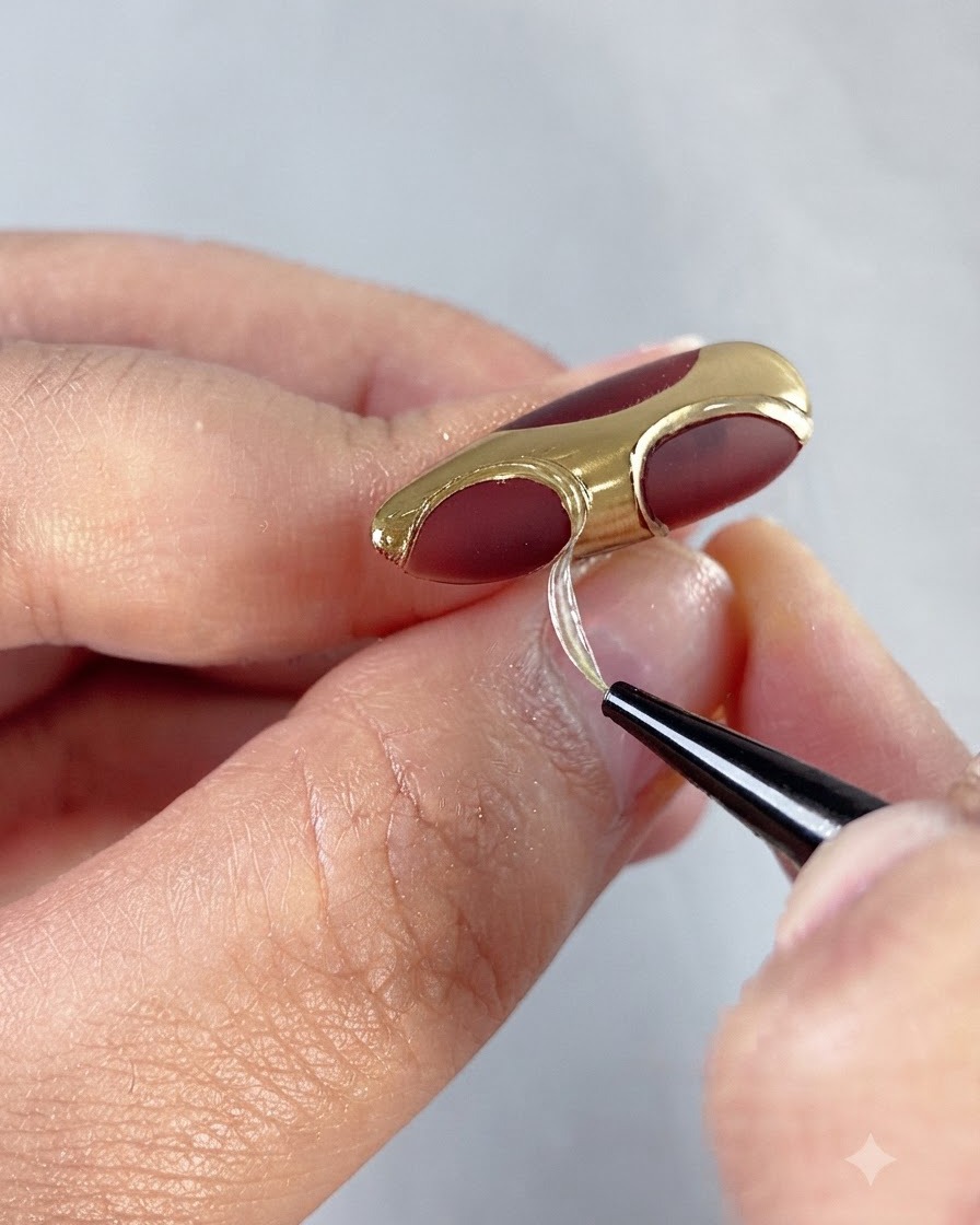 Un pinceau fin appliquant du gel 3D transparent précisément sur des motifs dongles accentués dor.