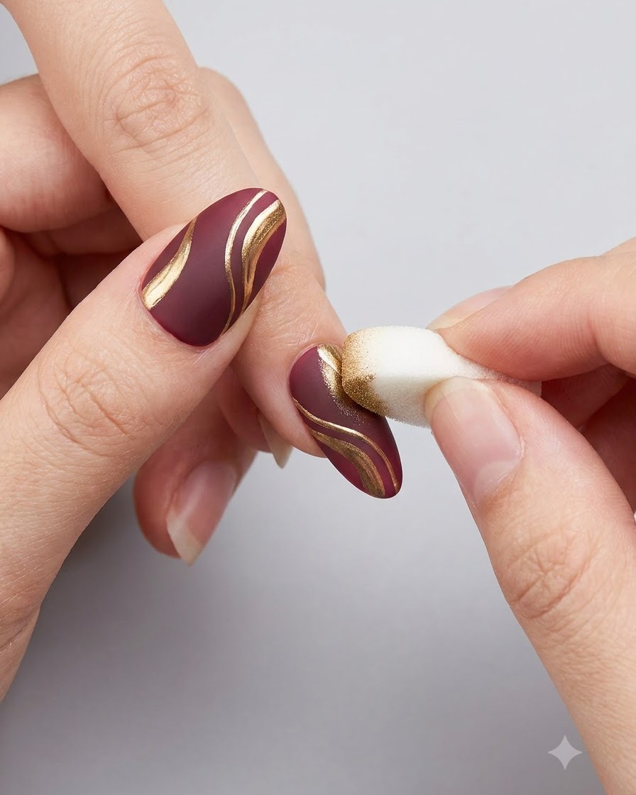 Un applicateur éponge à fard à paupières tamponnant de la poudre de chrome dorée sur un nail art 3D détaillé.