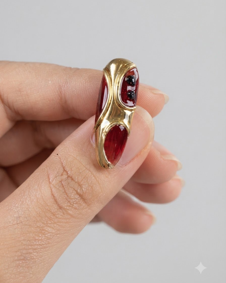 Un pinceau liner fin déposant de petites gouttes de gel rouge dans les espaces en creux dun design dongle doré.