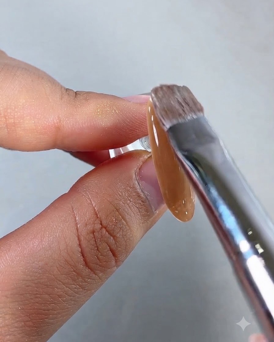 Un pinceau plat étalant du gel cat eye marron chaud caramel sur la surface dun ongle.