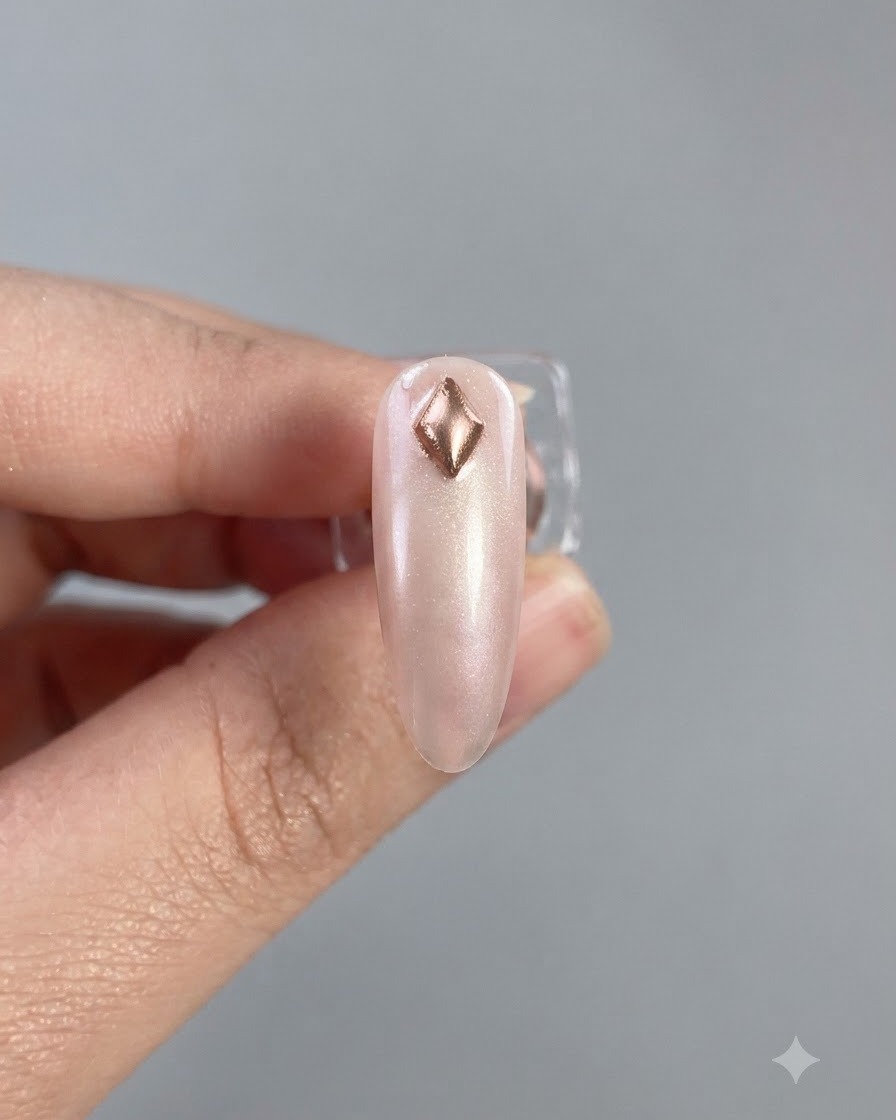 Un aimant maintenu au-dessus dun losange peint sur un ongle pour déclencher son scintillement cat eye magnétique.