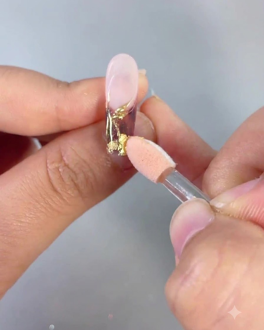 Un pinceau liner fin dessinant une forme de 8 continue sur la surface dun ongle à laide de gel transparent.