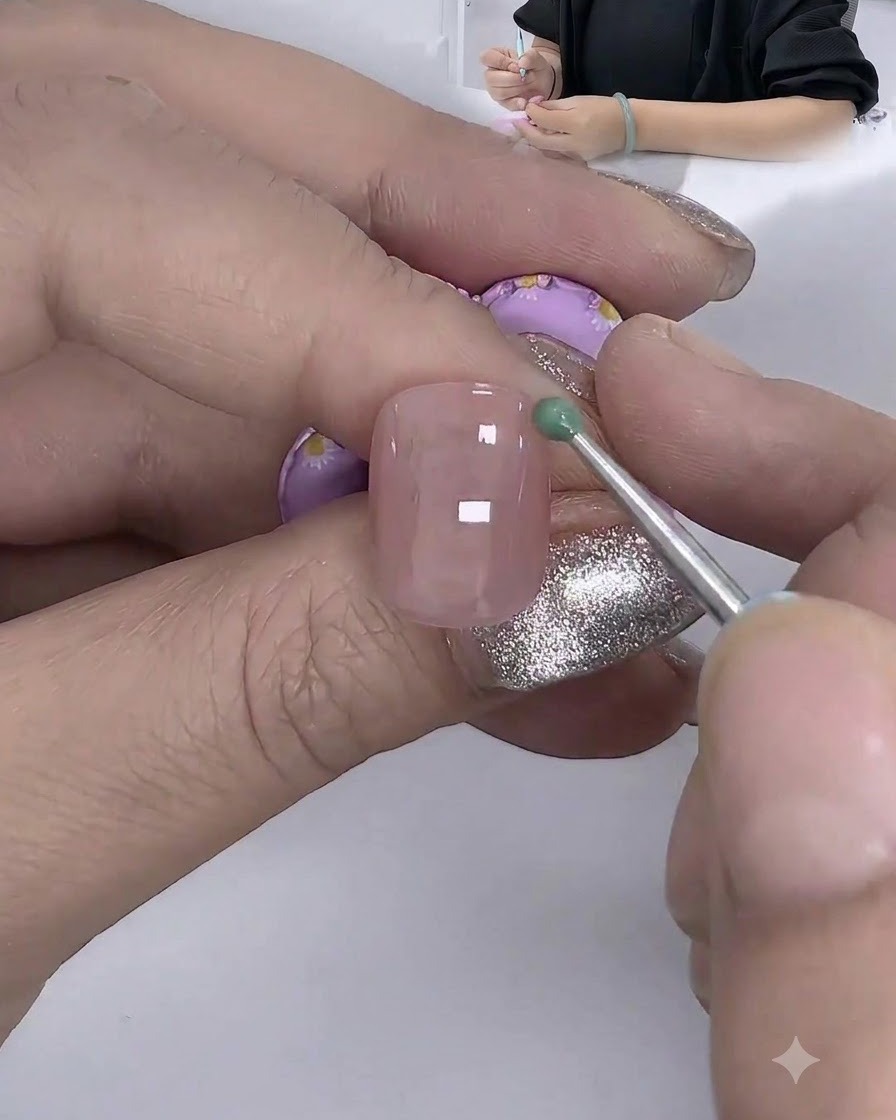 Un outil de dotting surplombant un ongle à base nude, posant un point de gel vert.