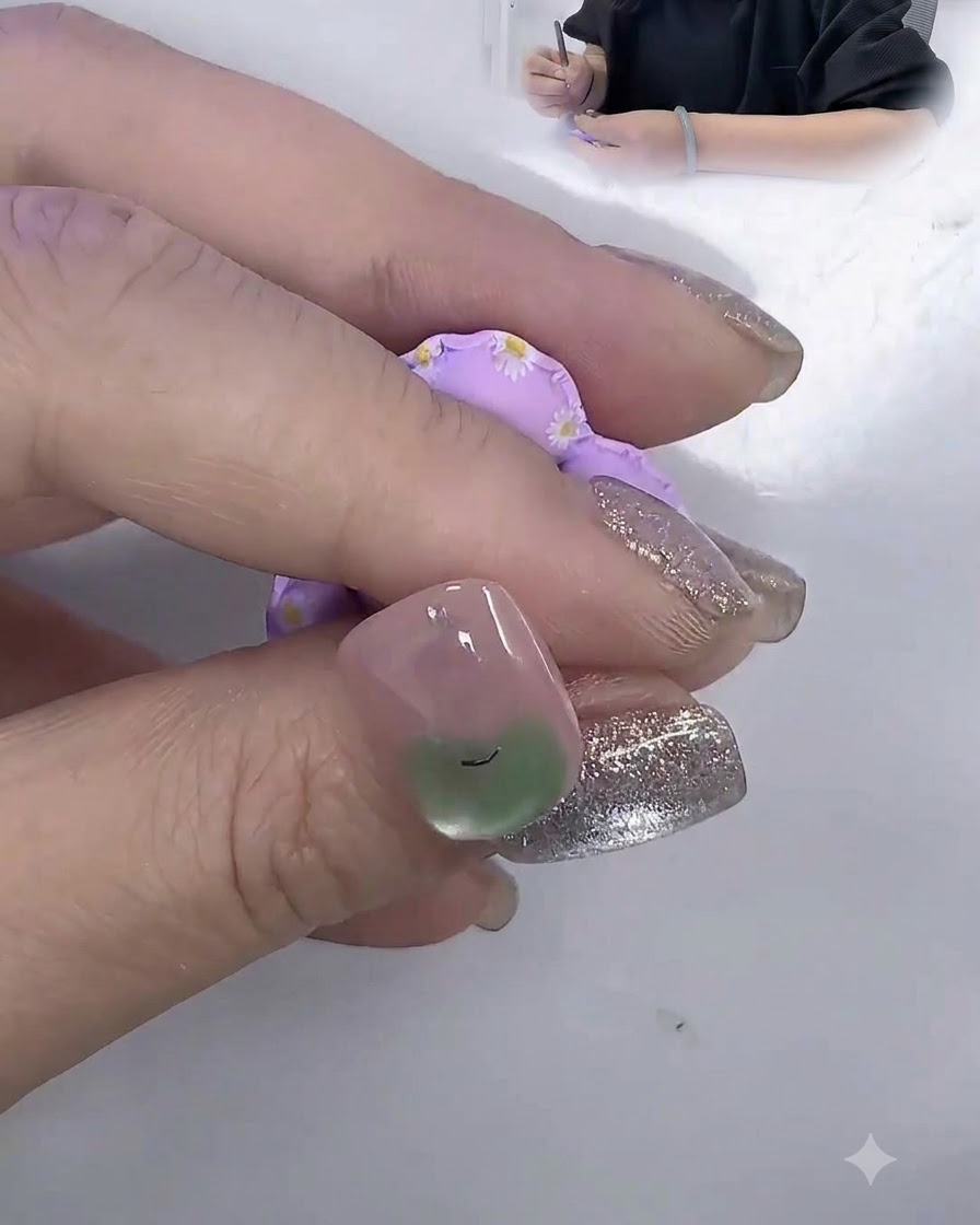 Un pinceau fin de nail art dessinant une petite tige marron sur le dessus du design dongle pomme verte.