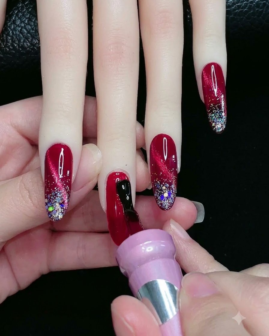 Un pinceau de flacon de vernis à ongles rose appliquant une bande de gel noir bien droite au centre dun ongle préparé.