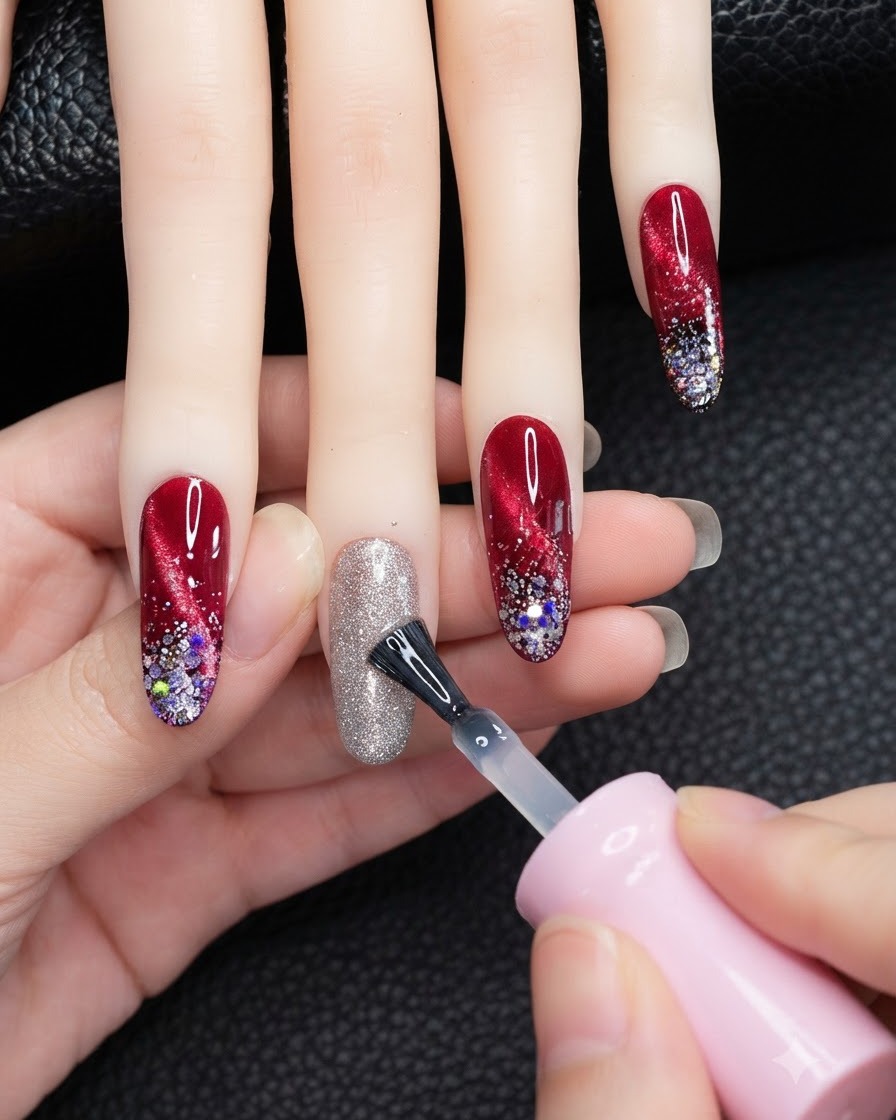 Un petit aimant en néodyme maintenu près du côté dun ongle peint au gel scintillant pour concentrer le reflet lumineux en diagonale.