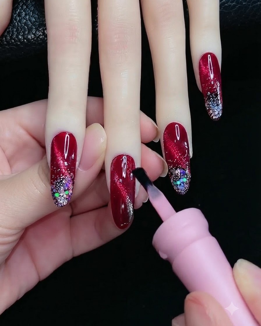 Un pinceau de flacon rose appliquant une couche de gel rouge rubis translucide sur un ongle texturé effet œil de chat.