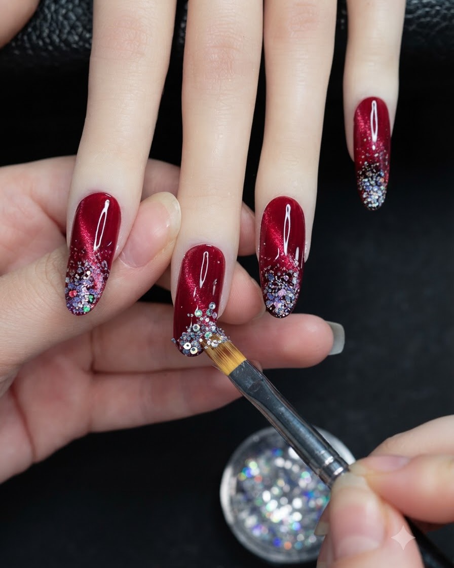 Un pinceau de nail art appliquant des flocons de paillettes argentées holographiques sur le bout dune manucure œil de chat rouge.