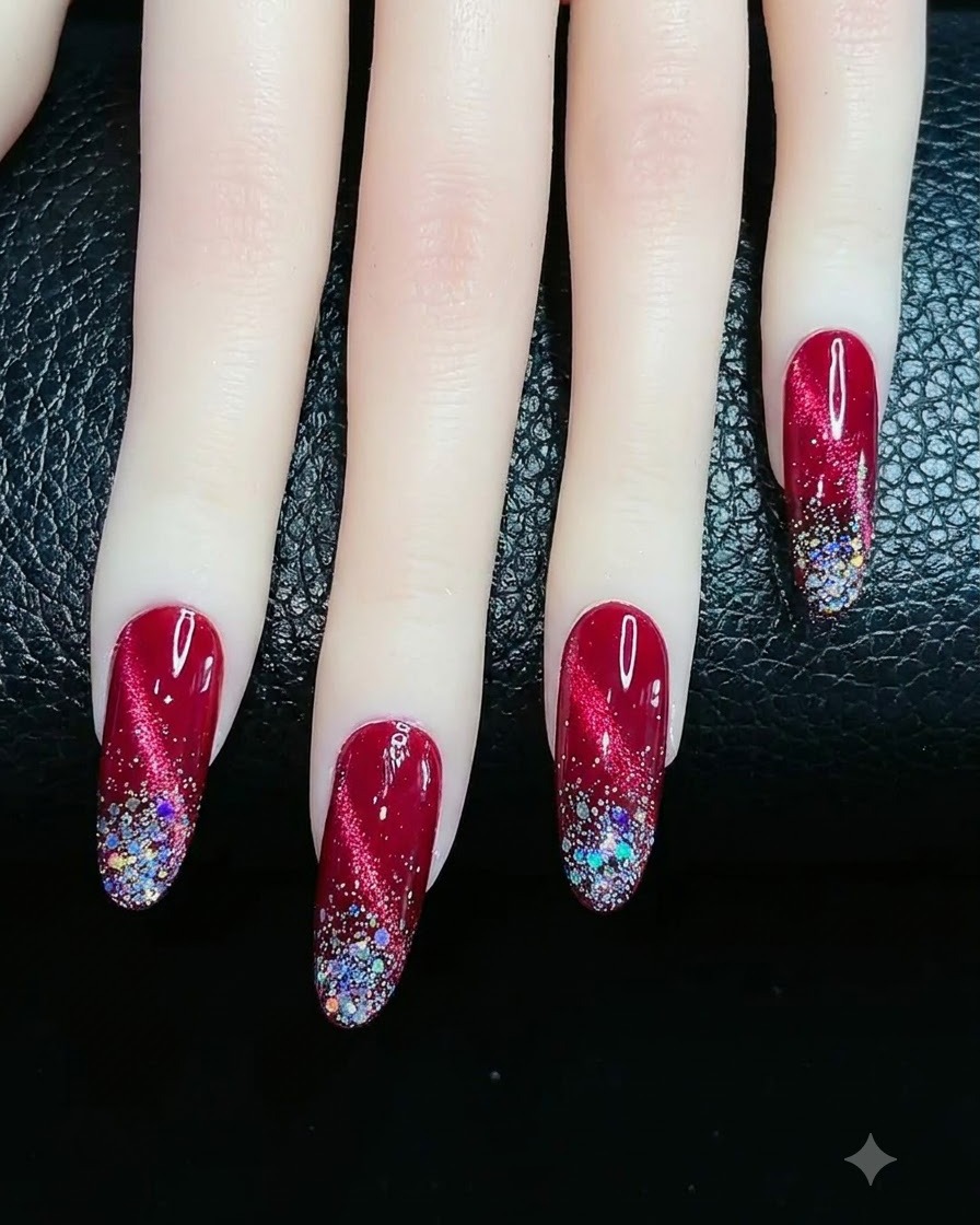 Un pinceau appliquant un top coat transparent brillant sur un ongle œil de chat rouge rubis doté de pointes pailletées argentées.