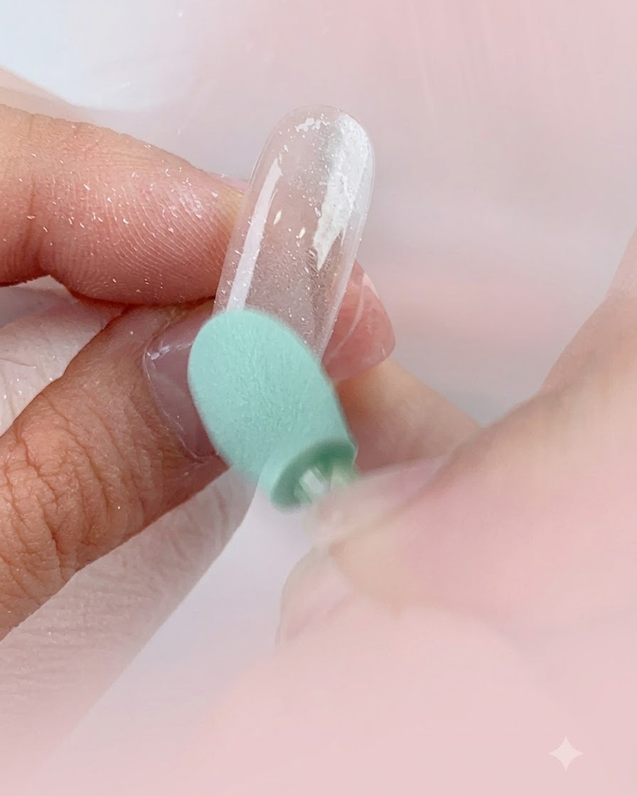 Un pinceau duveteux appliquant de la poudre chrome par frottement sur la surface dun ongle artificiel transparent.