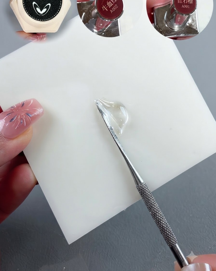 Des gouttes de gel rouge foncé et rouge grenat placées à côté du gel transparent sur une feuille de mélange blanche.