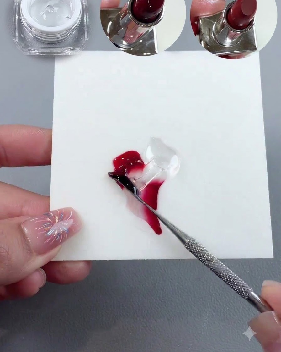Un outil métallique mélangeant des gels transparents et rouges ensemble sur une palette blanche pour former un mélange rouge jelly lisse.