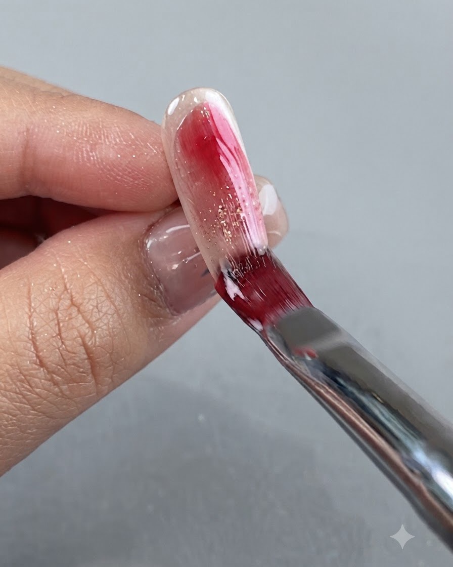 Un pinceau plat pour nail art appliquant une fine couche de gel rouge translucide vibrant sur un ongle chromé.