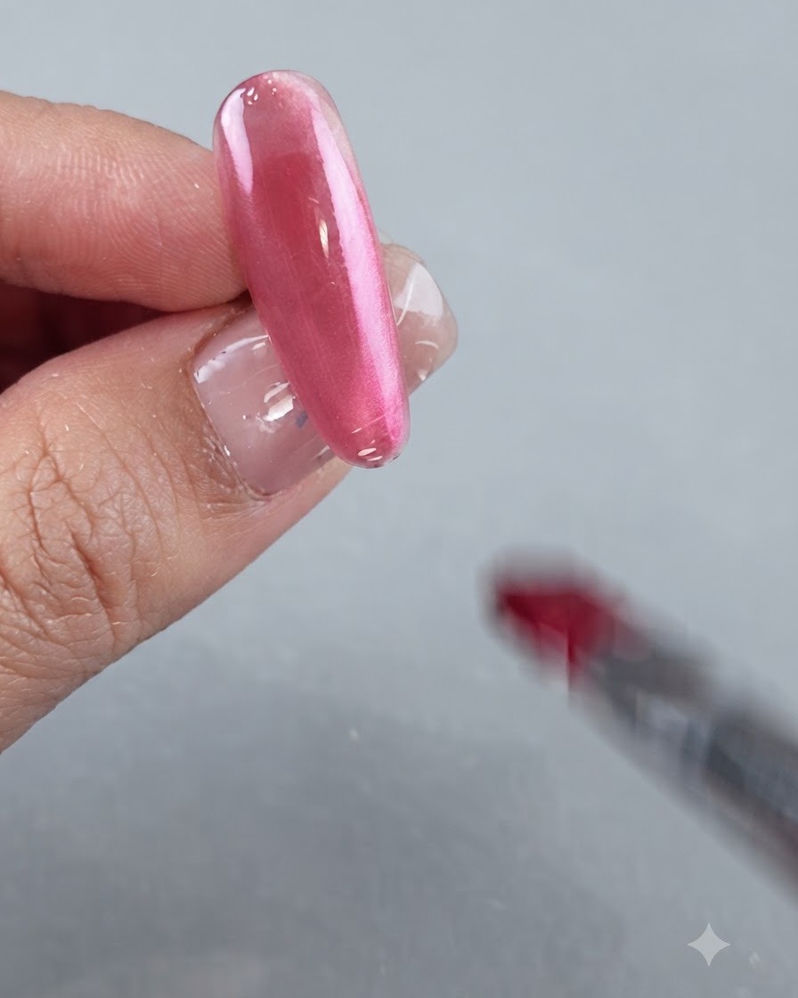 Un gros plan dun long ongle en gel rouge crystal montrant un fini en dégradé translucide.